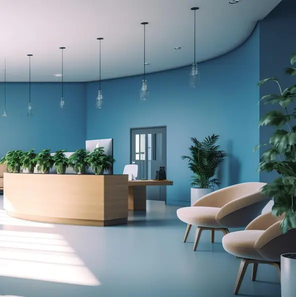 A blue room with plants and chairs in it