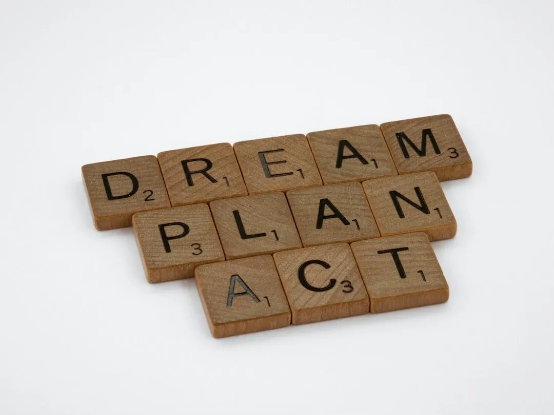 A word game with the words " dream plan act ".